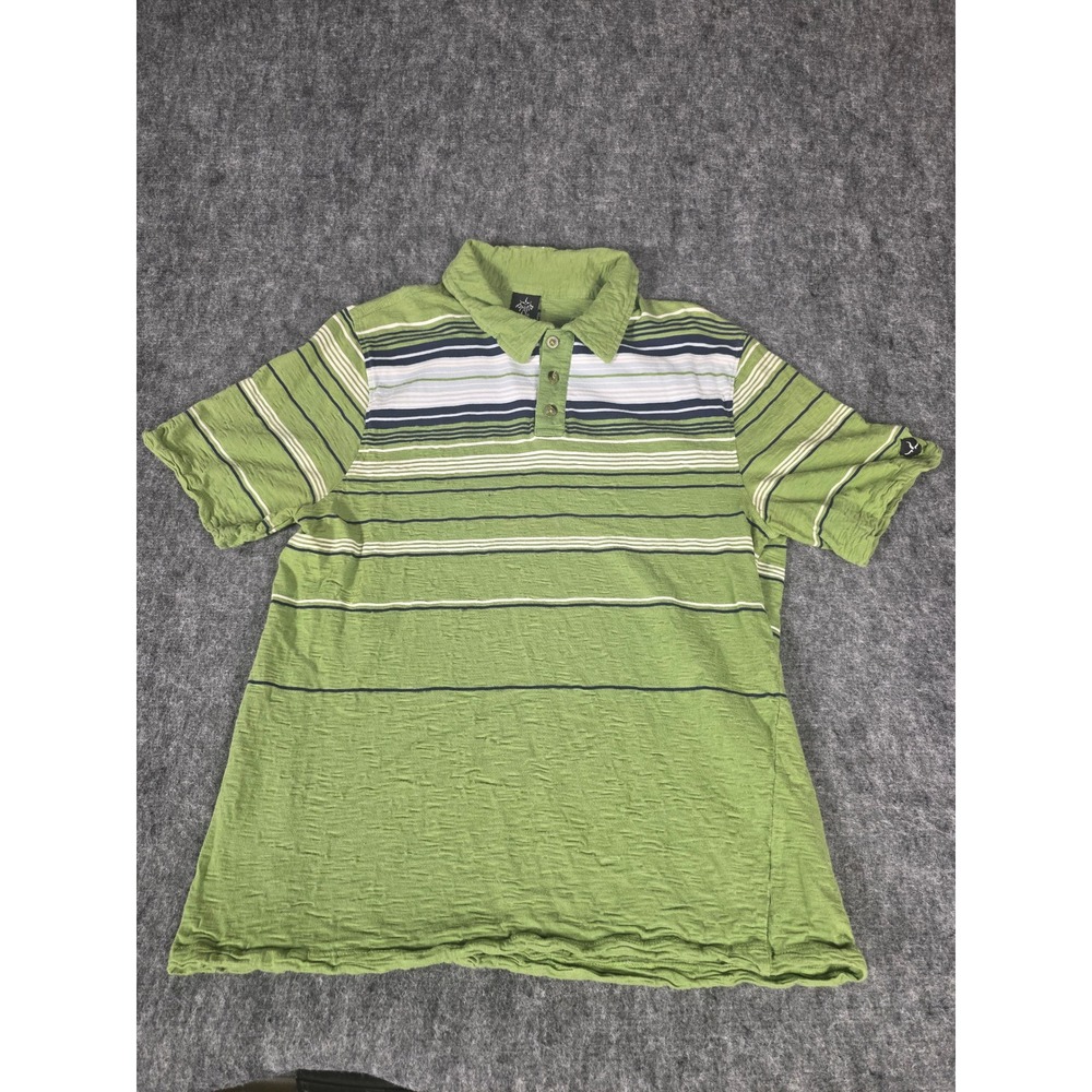 prAna Shirt Mens Large Green Striped Slub Polo Organic Cotton Slim Casual
